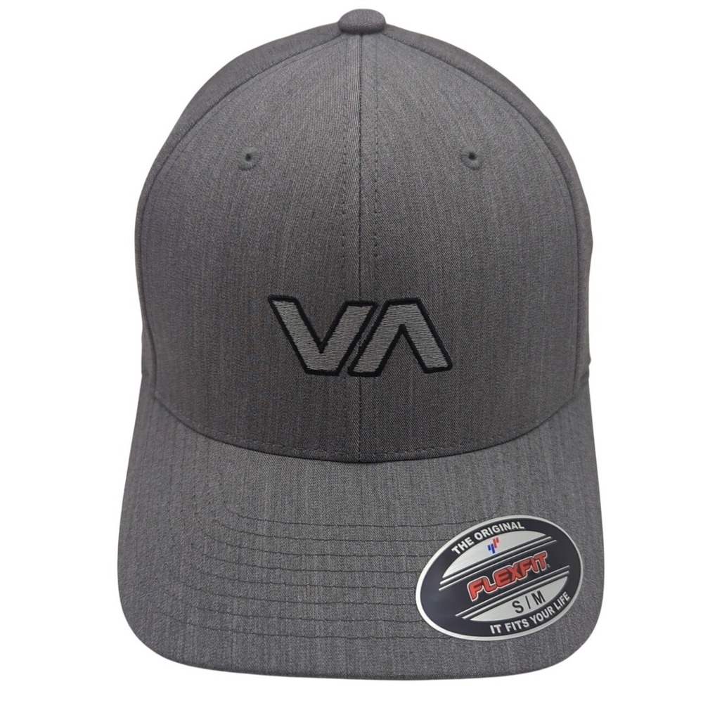 RVCA Chester Flexfit Hat Heather Grey VA Logo Baseball Cap S/M 3D5542502‎